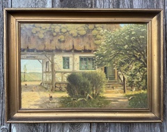 Oil on canvas in original frame.  Overgrown cottage with chickens. Circa early 1900's